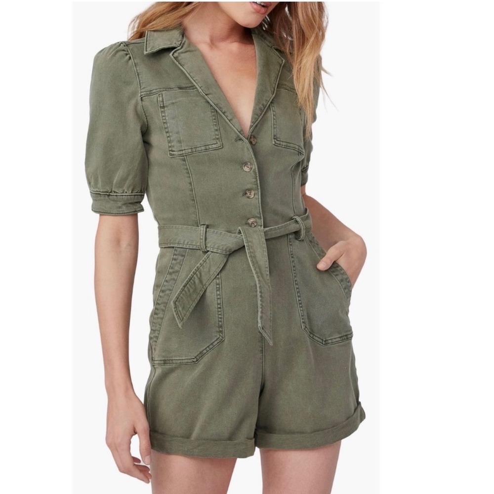 Paige Mayslie Short‎ Sleeve Utility Romper Army Green Button Front Size 4